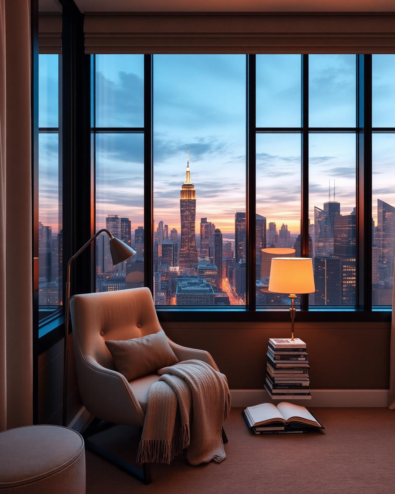 Reading nook with skyline view