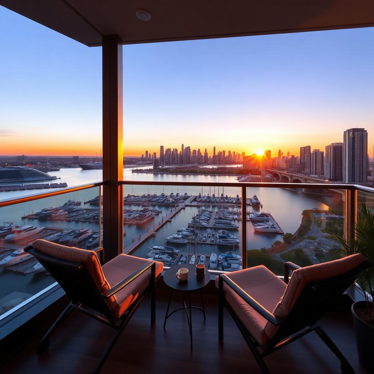 Balcony overlooking waterfront marina