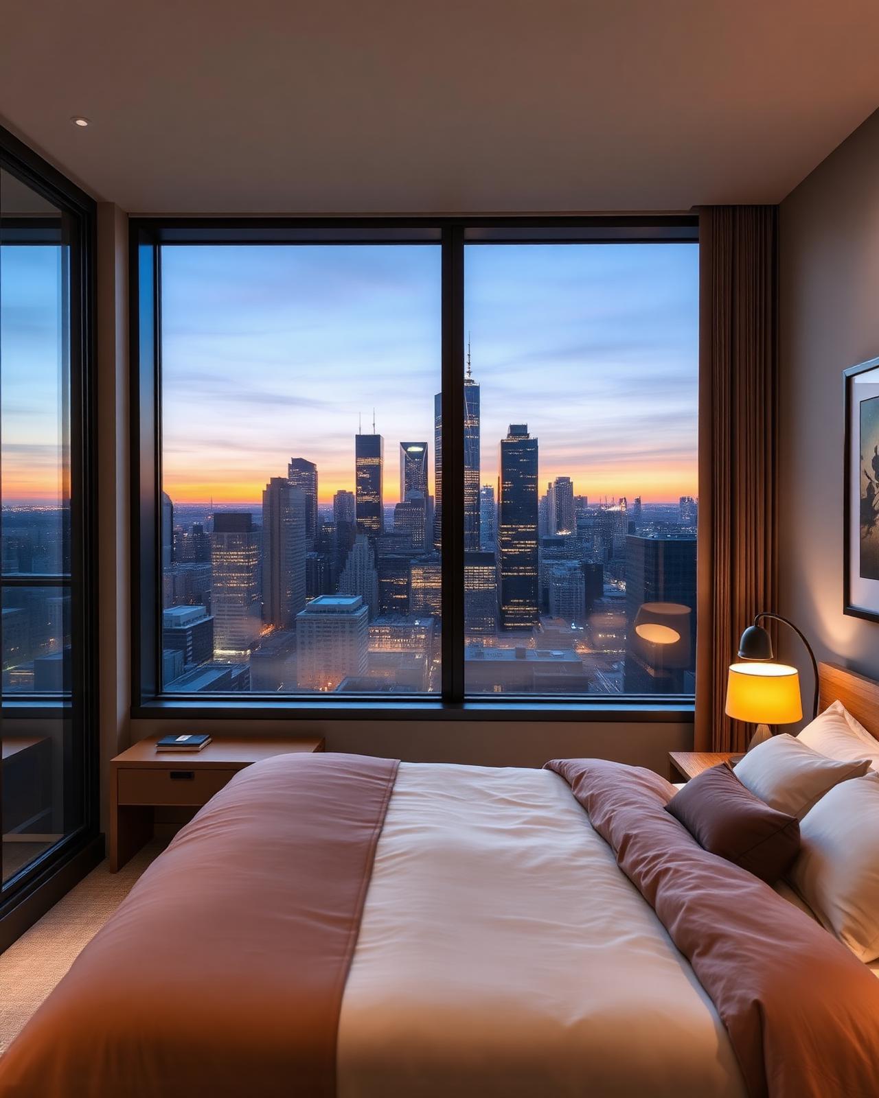 Master bedroom with city skyline view