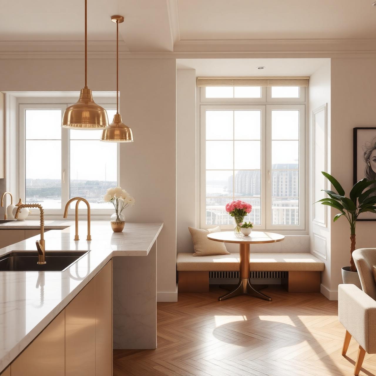 Kitchen and dining nook with harbour view