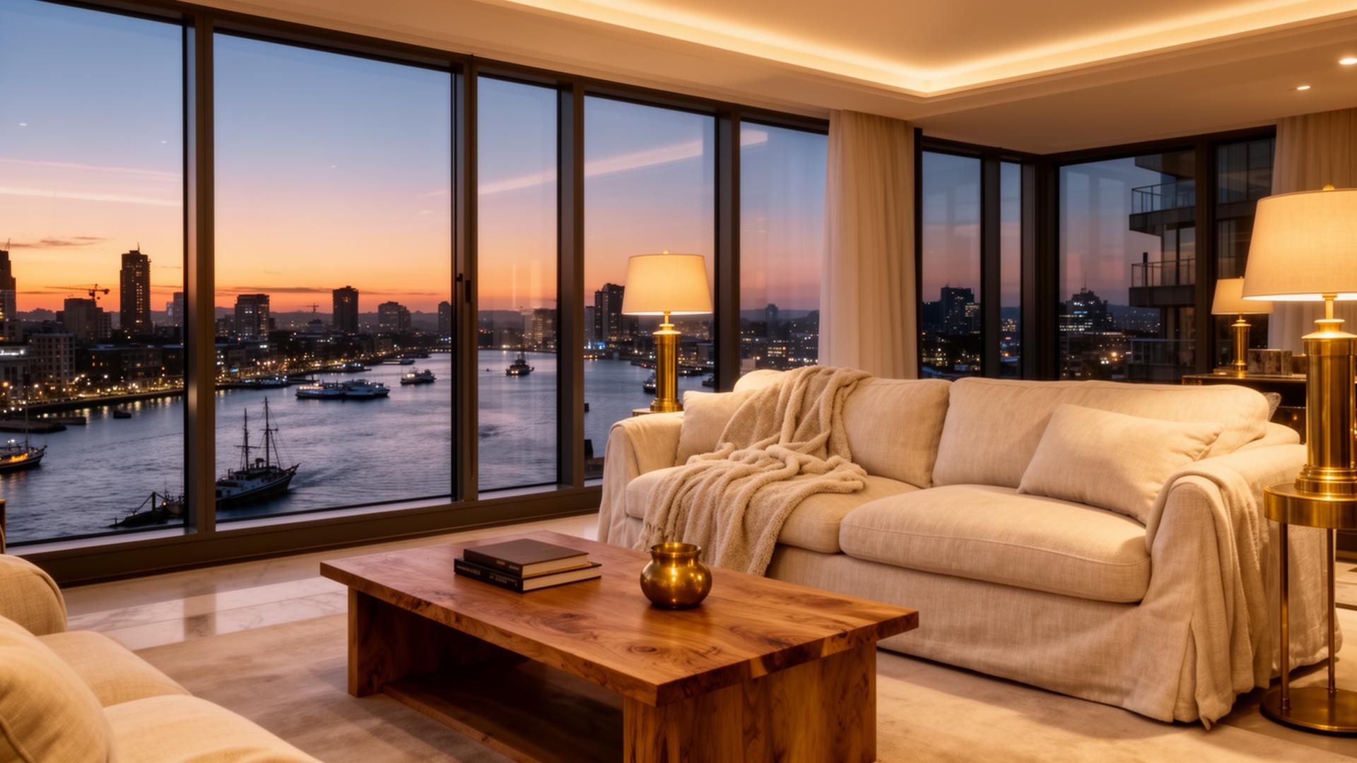 Waterfront apartment living room at dusk with harbour and city skyline view